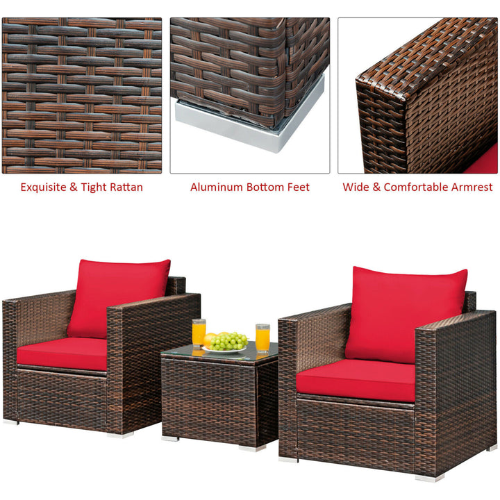 3PCS Rattan Patio Outdoor Conversation Furniture Set w/ Red Cushions Image 7