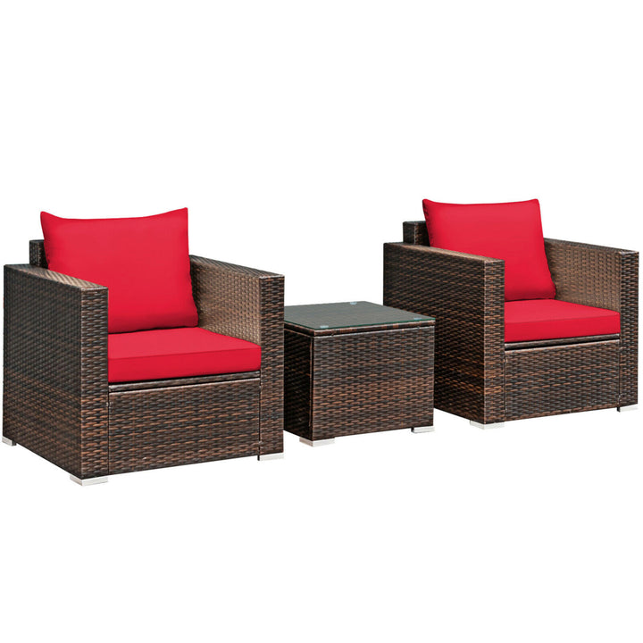 3PCS Rattan Patio Outdoor Conversation Furniture Set w/ Red Cushions Image 2