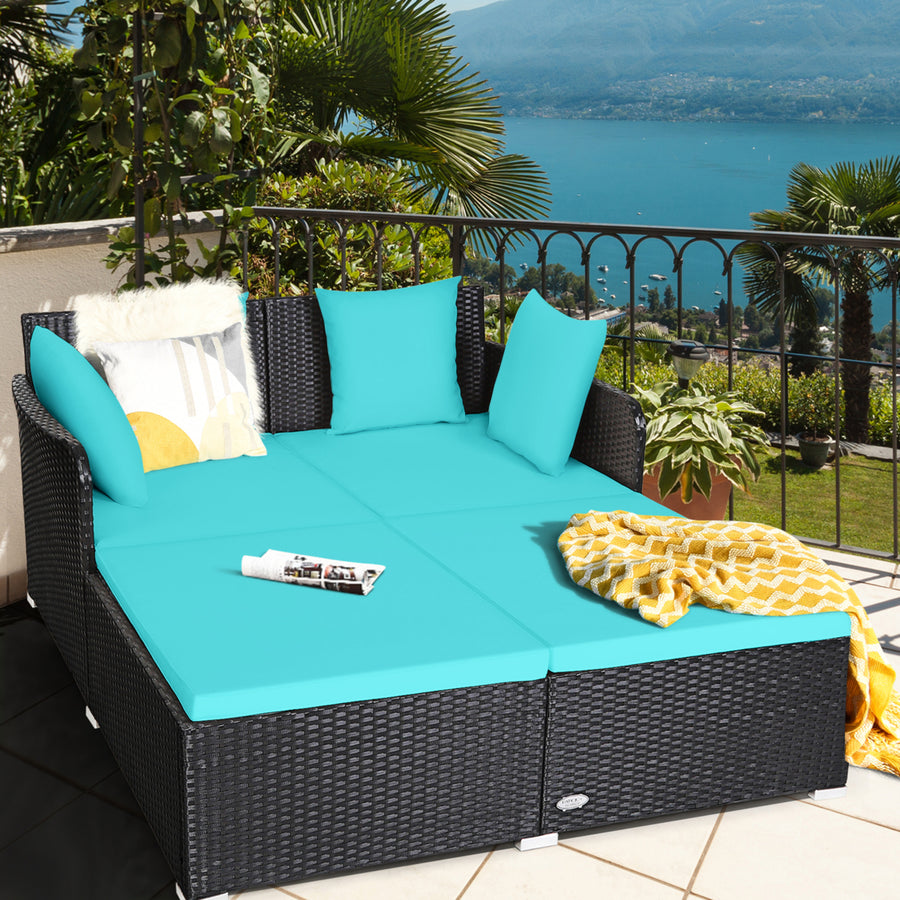 Rattan Patio Daybed Loveseat Sofa Yard Outdoor w/ Turquoise Cushions Pillows Image 1