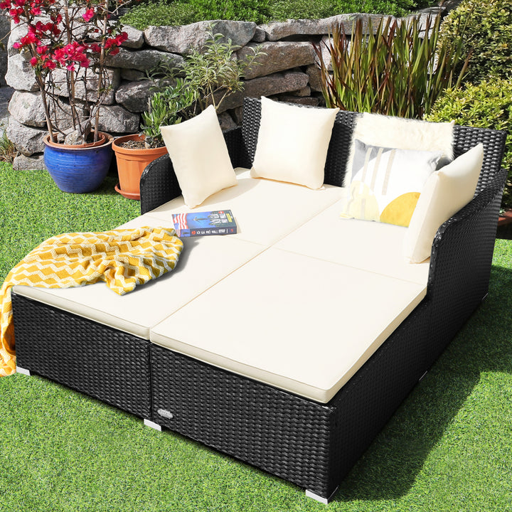 Rattan Patio Daybed Loveseat Sofa Yard Outdoor w/ Beige Cushions Pillows Image 3