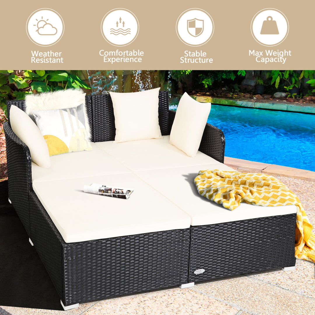 Rattan Patio Daybed Loveseat Sofa Yard Outdoor w/ Beige Cushions Pillows Image 4