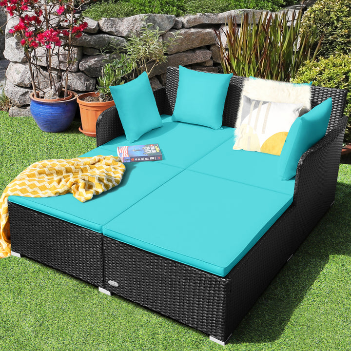 Rattan Patio Daybed Loveseat Sofa Yard Outdoor w/ Turquoise Cushions Pillows Image 3