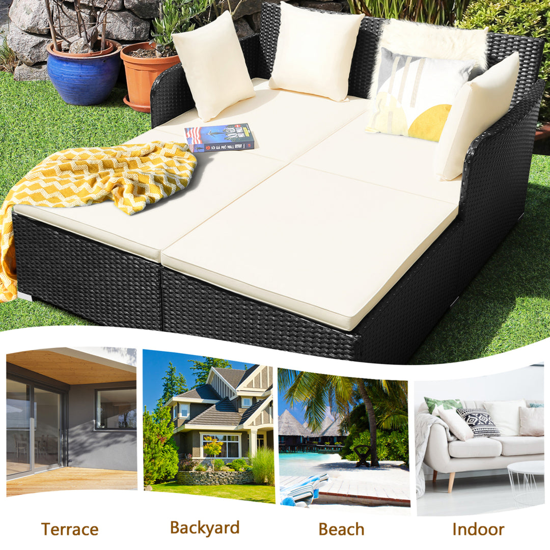 Rattan Patio Daybed Loveseat Sofa Yard Outdoor w/ Beige Cushions Pillows Image 5