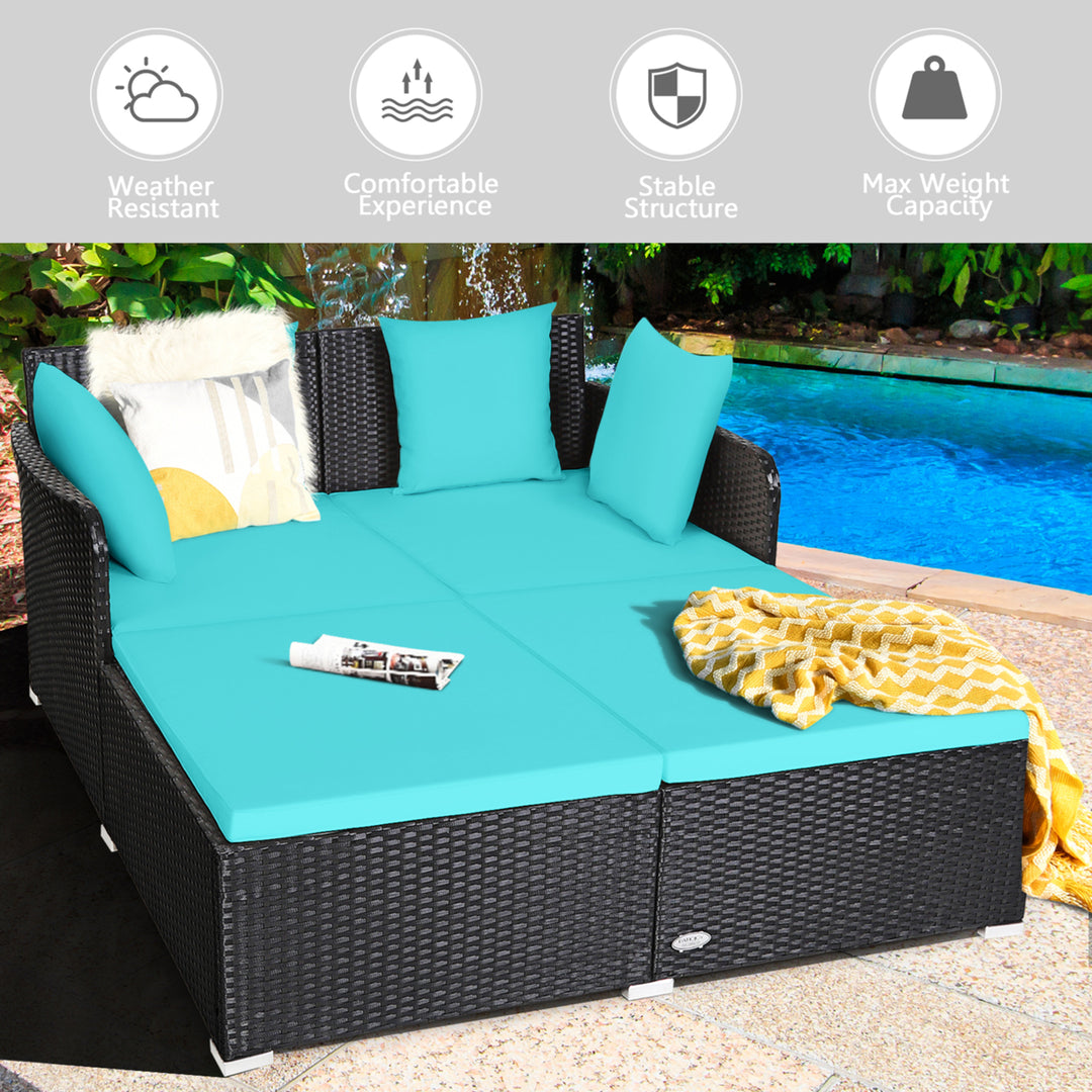 Rattan Patio Daybed Loveseat Sofa Yard Outdoor w/ Turquoise Cushions Pillows Image 4