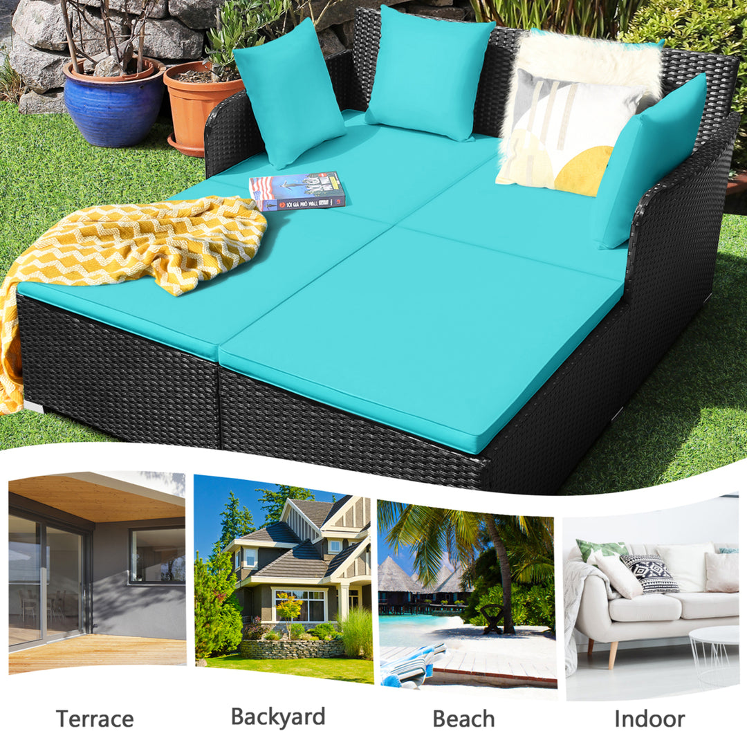 Rattan Patio Daybed Loveseat Sofa Yard Outdoor w/ Turquoise Cushions Pillows Image 5