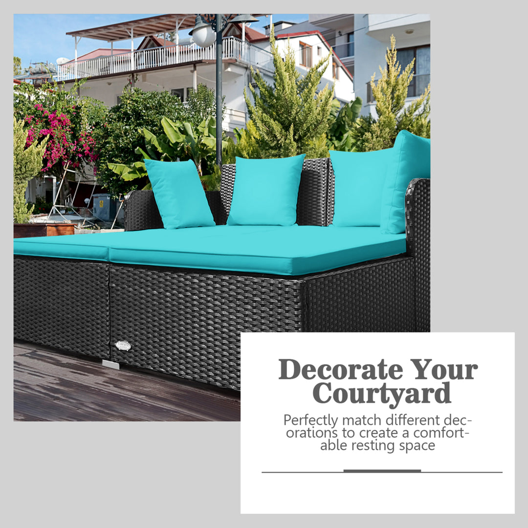 Rattan Patio Daybed Loveseat Sofa Yard Outdoor w/ Turquoise Cushions Pillows Image 6