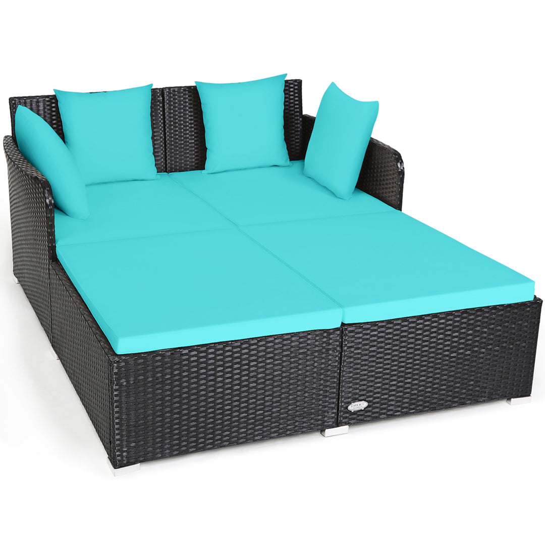 Rattan Patio Daybed Loveseat Sofa Yard Outdoor w/ Turquoise Cushions Pillows Image 9