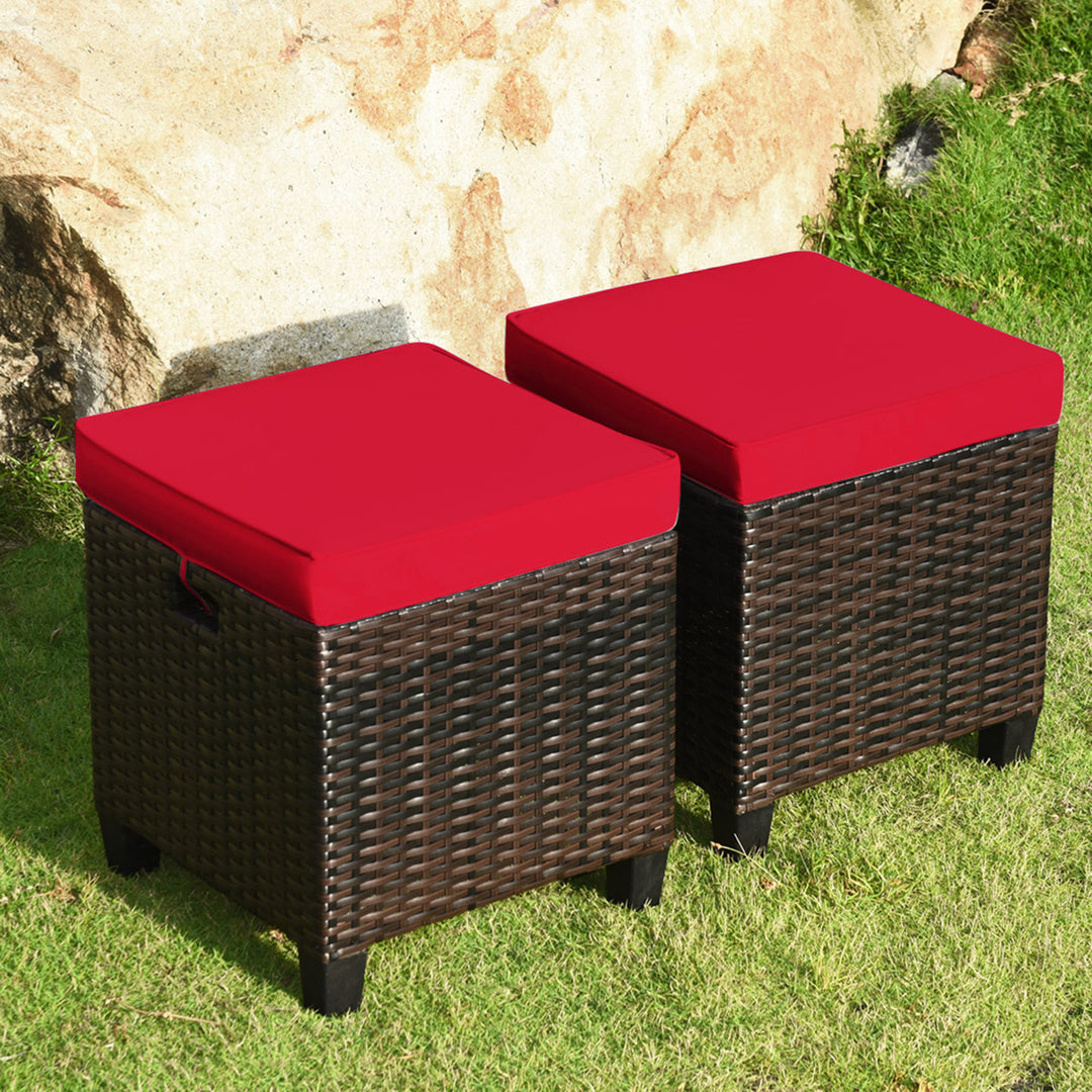 Set of 2 Patio Rattan Ottoman Footrest Garden Outdoor w/ Red Cushion Image 1