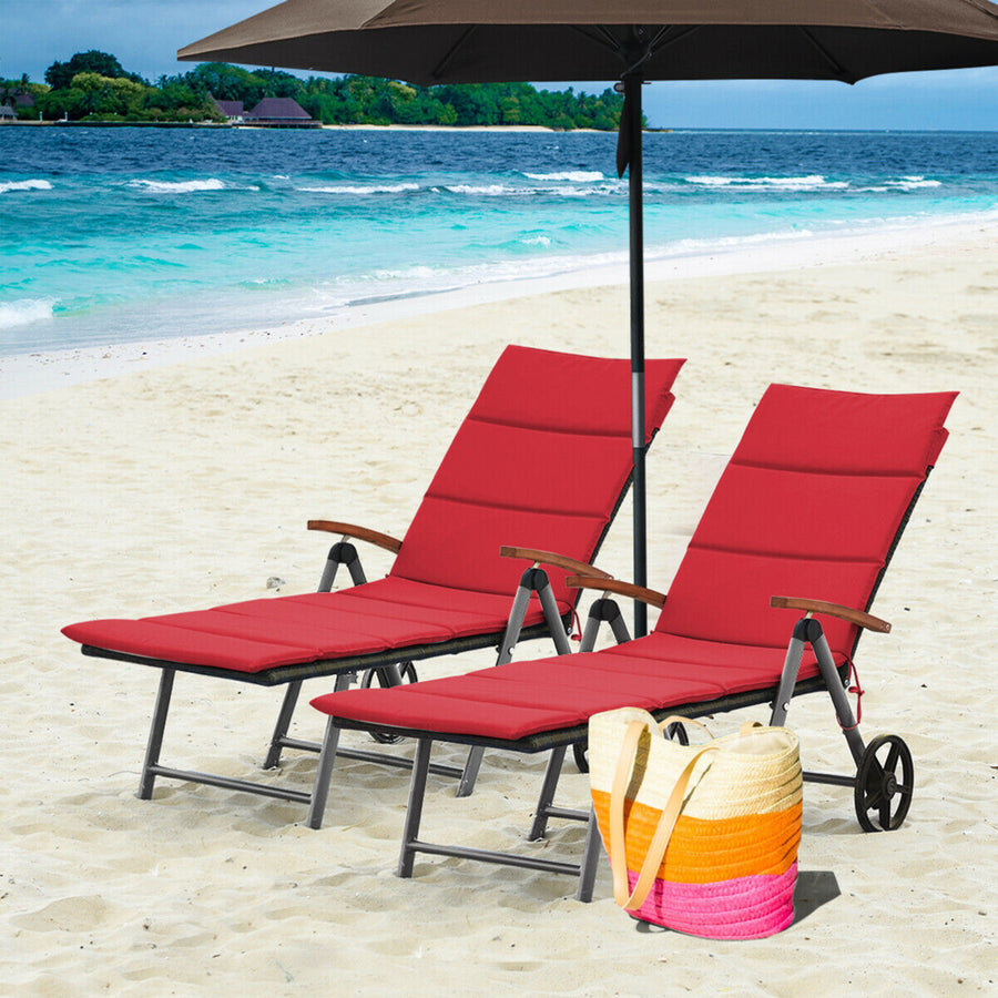 2PCS Folding Patio Rattan Lounge Chair Cushioned Aluminum Adjust Wheel Red Image 1