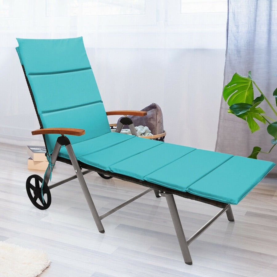 Folding Patio Rattan Lounge Chair Cushioned Aluminum Adjust Wheel Turquoise Image 1