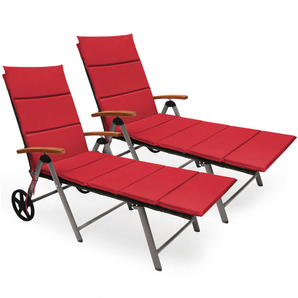 2PCS Folding Patio Rattan Lounge Chair Cushioned Aluminum Adjust Wheel Red Image 2