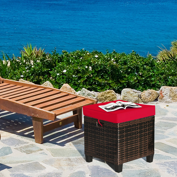 Set of 2 Patio Rattan Ottoman Footrest Garden Outdoor w/ Red Cushion Image 6