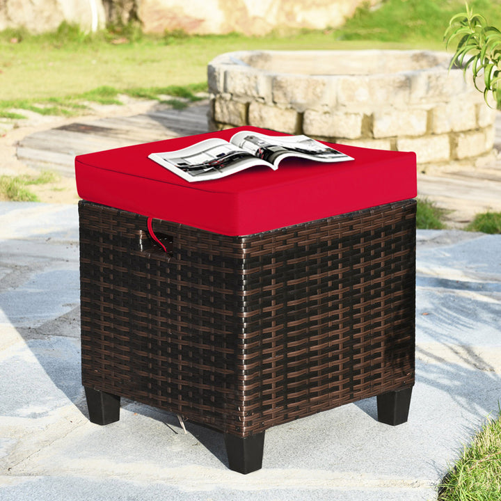 Set of 2 Patio Rattan Ottoman Footrest Garden Outdoor w/ Red Cushion Image 4