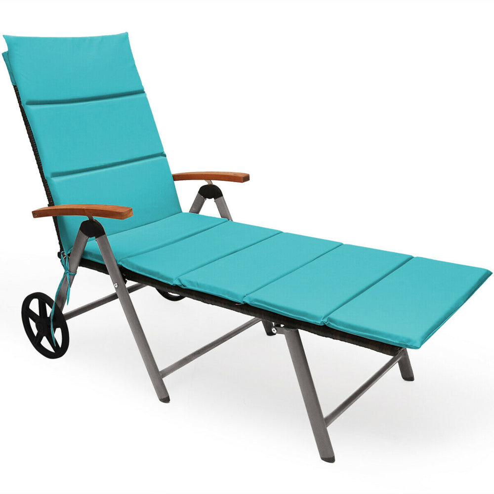 Folding Patio Rattan Lounge Chair Cushioned Aluminum Adjust Wheel Turquoise Image 2