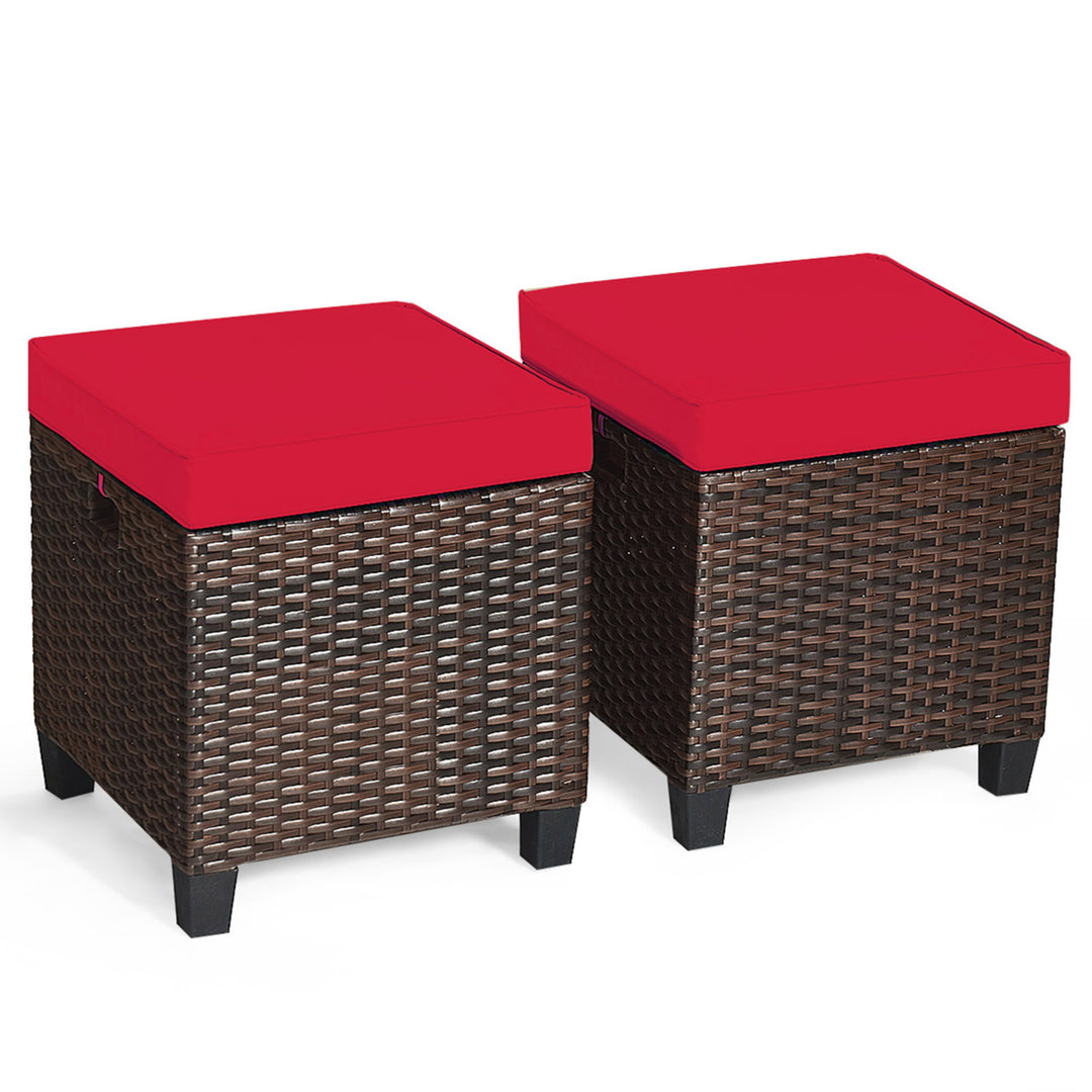 Set of 2 Patio Rattan Ottoman Footrest Garden Outdoor w/ Red Cushion Image 5