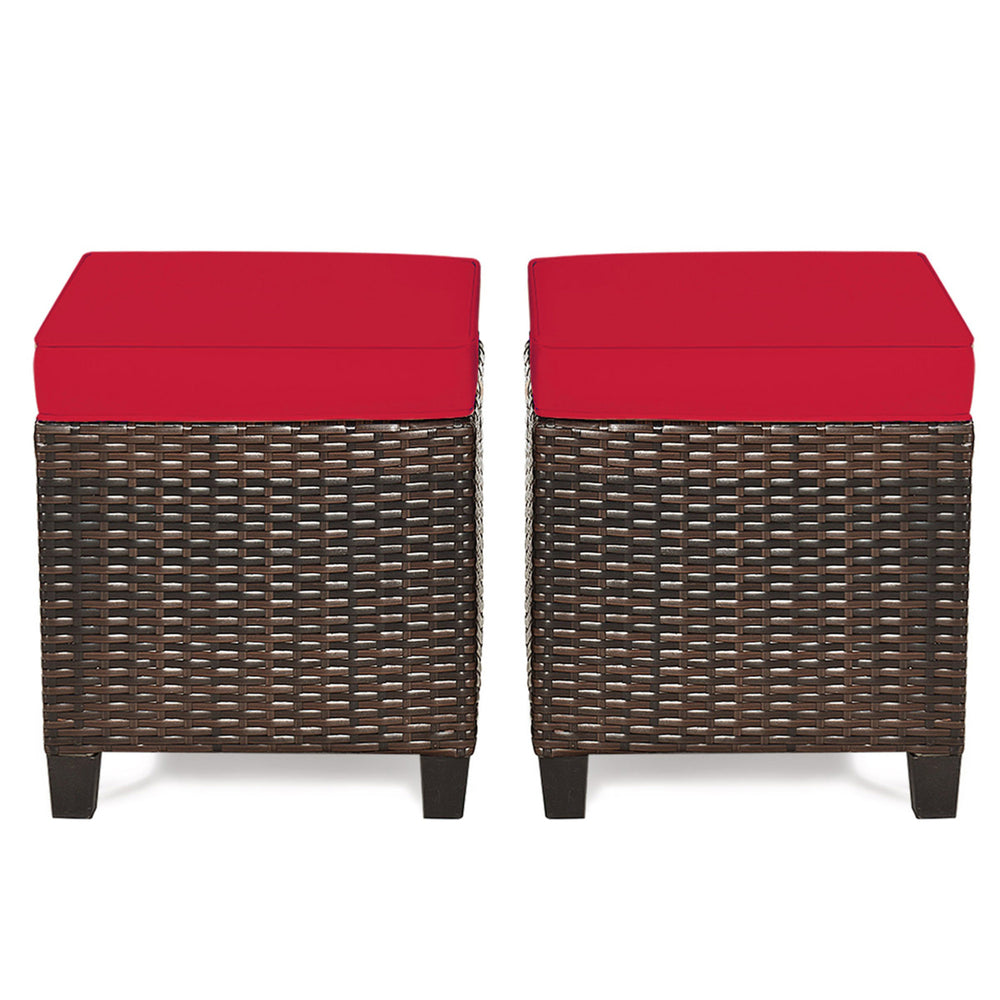 Set of 2 Patio Rattan Ottoman Footrest Garden Outdoor w/ Red Cushion Image 2