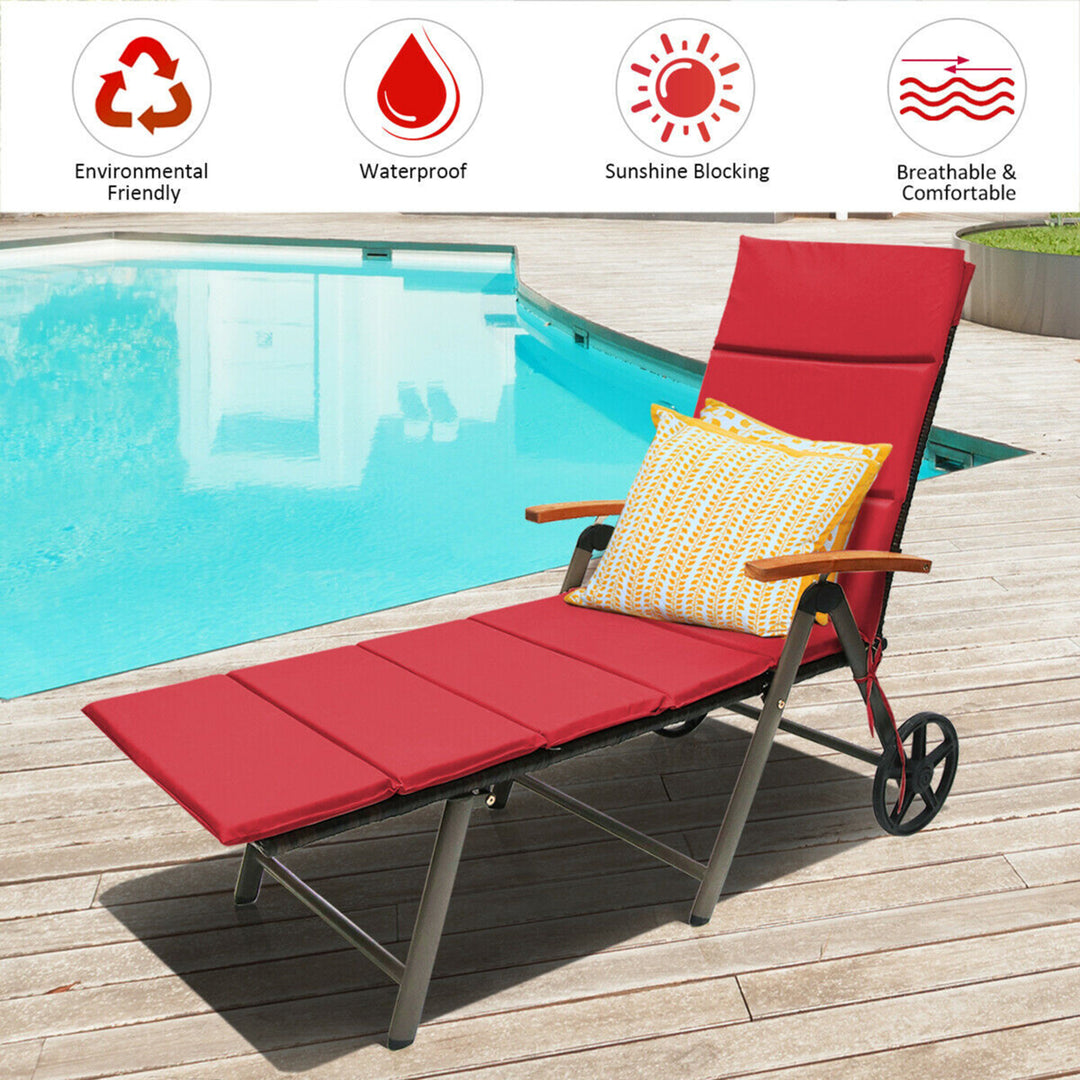 2PCS Folding Patio Rattan Lounge Chair Cushioned Aluminum Adjust Wheel Red Image 6