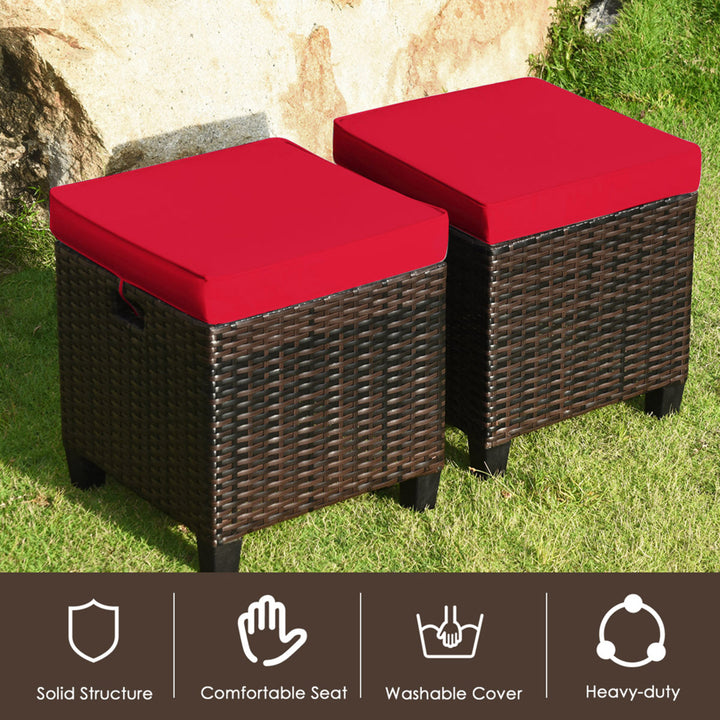 Set of 2 Patio Rattan Ottoman Footrest Garden Outdoor w/ Red Cushion Image 7