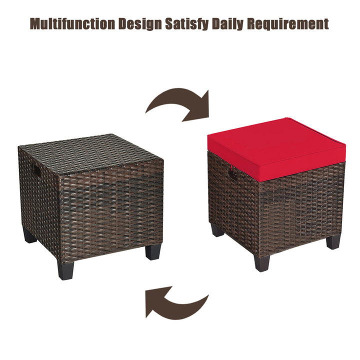 Set of 2 Patio Rattan Ottoman Footrest Garden Outdoor w/ Red Cushion Image 8