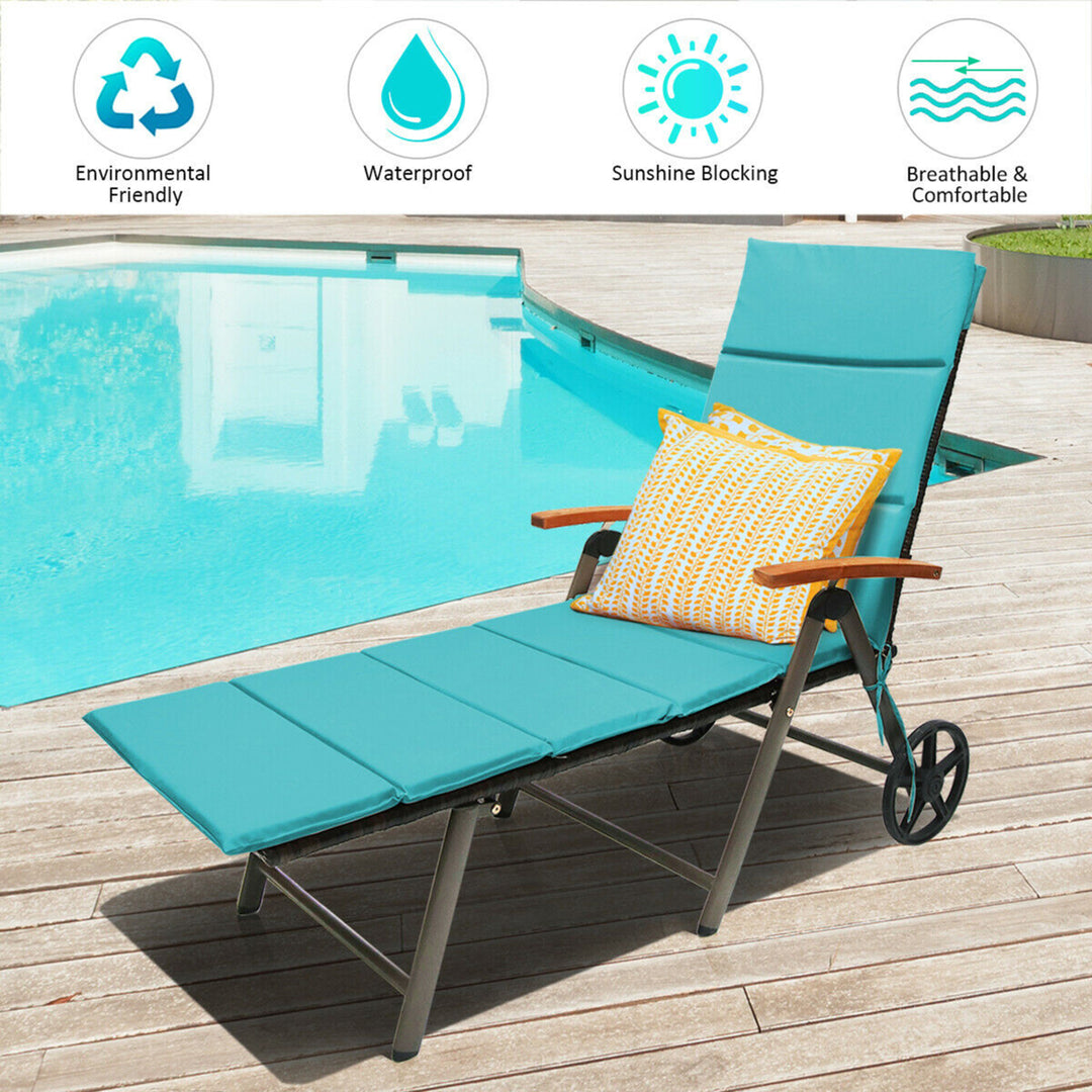 Folding Patio Rattan Lounge Chair Cushioned Aluminum Adjust Wheel Turquoise Image 6