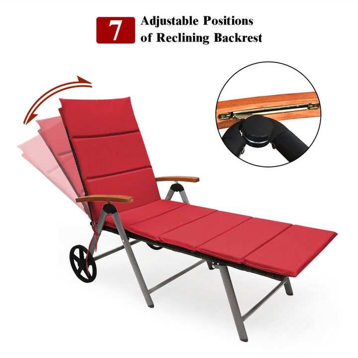 2PCS Folding Patio Rattan Lounge Chair Cushioned Aluminum Adjust Wheel Red Image 8