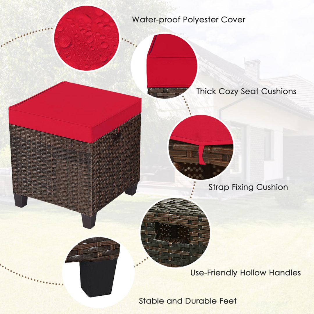 Set of 2 Patio Rattan Ottoman Footrest Garden Outdoor w/ Red Cushion Image 10