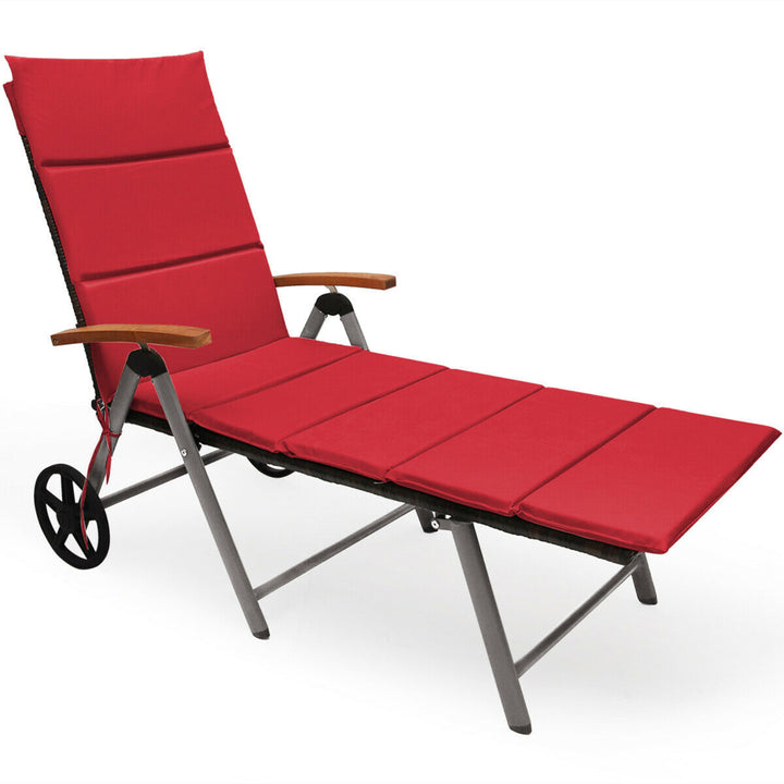 Folding Patio Rattan Lounge Chair Cushioned Aluminum Adjust Wheel Red Image 2