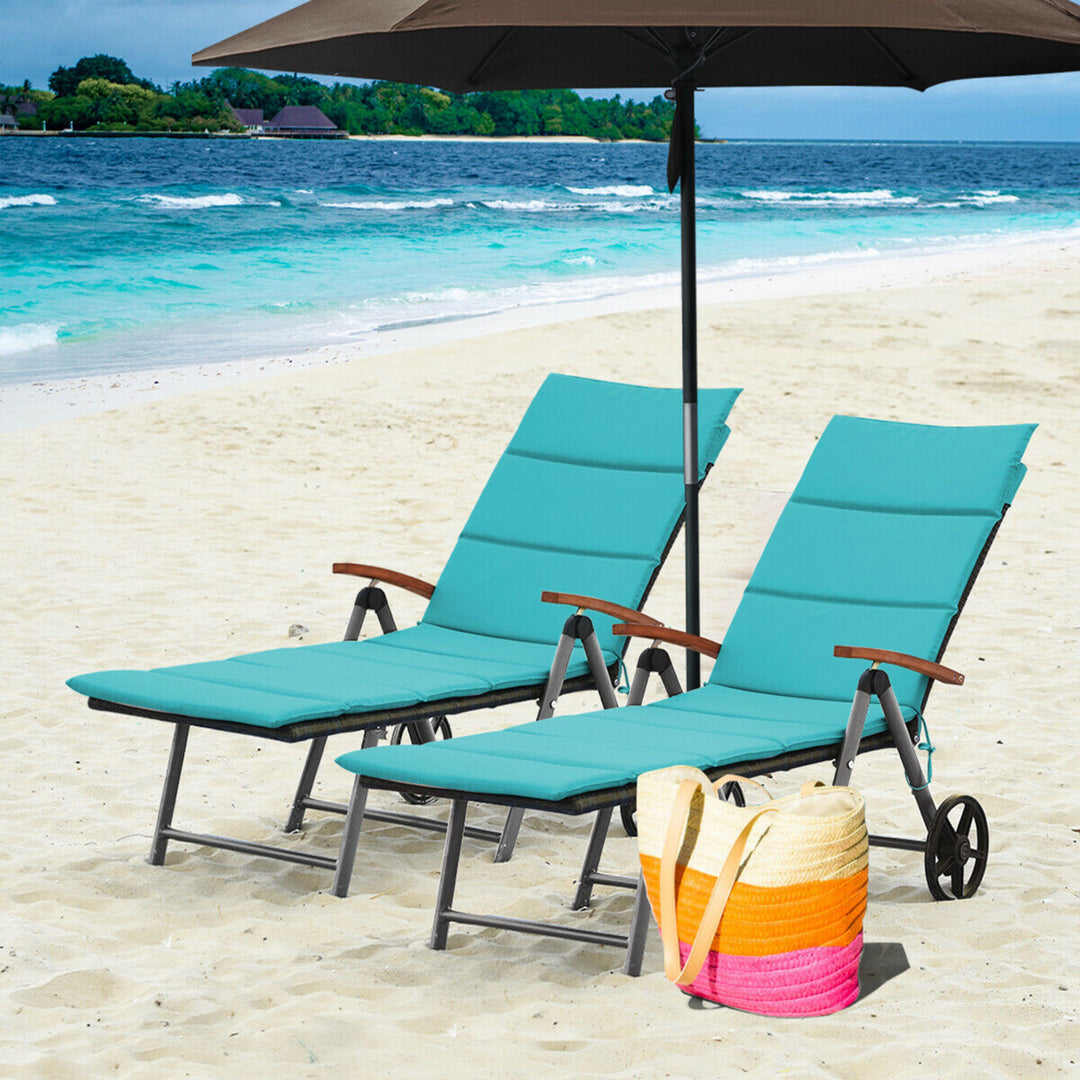 2PCS Folding Patio Rattan Lounge Chair Cushioned Aluminum Adjust Wheel Turquoise Image 1