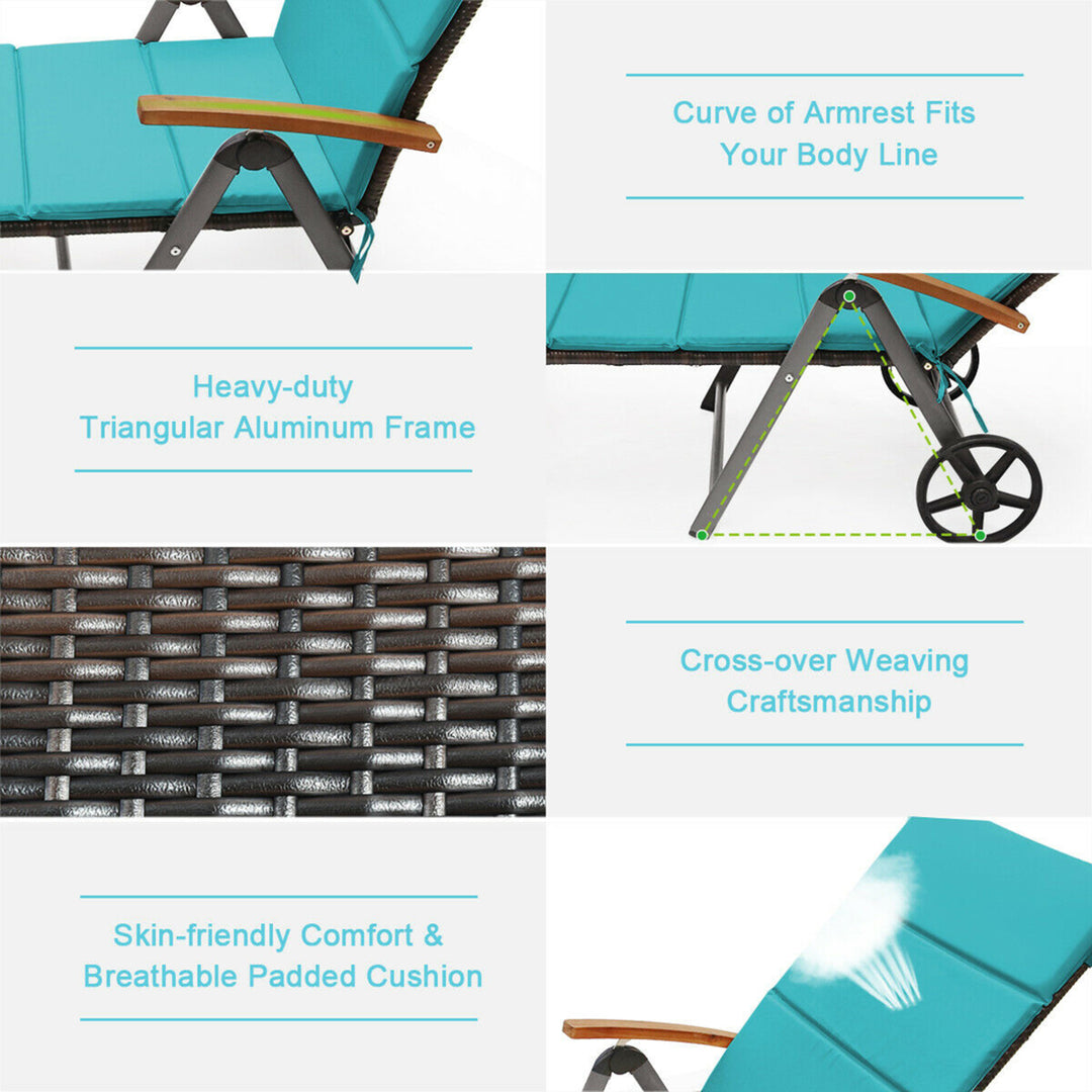 Folding Patio Rattan Lounge Chair Cushioned Aluminum Adjust Wheel Turquoise Image 10