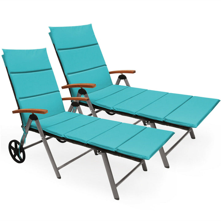 2PCS Folding Patio Rattan Lounge Chair Cushioned Aluminum Adjust Wheel Turquoise Image 2