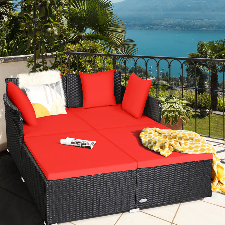 Rattan Patio Daybed Loveseat Sofa Yard Outdoor w/ Red Cushions Pillows Image 1