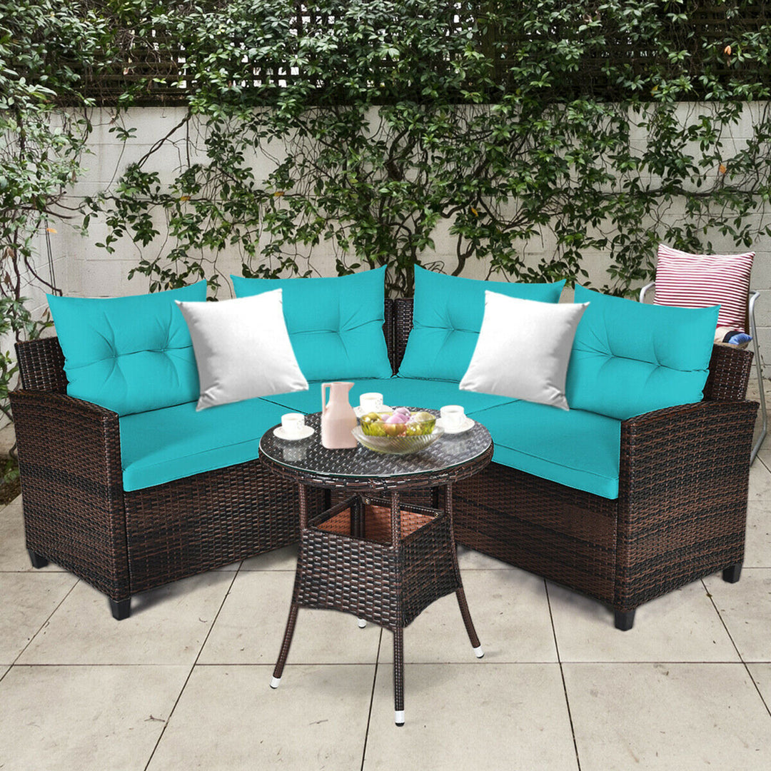 4PCS Patio Furniture Set Outdoor Rattan Sectional Sofa Set w/ Turquoise Cushions Image 1