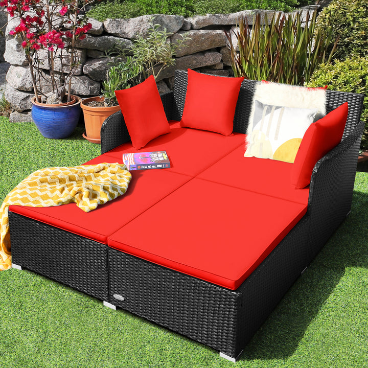 Rattan Patio Daybed Loveseat Sofa Yard Outdoor w/ Red Cushions Pillows Image 3