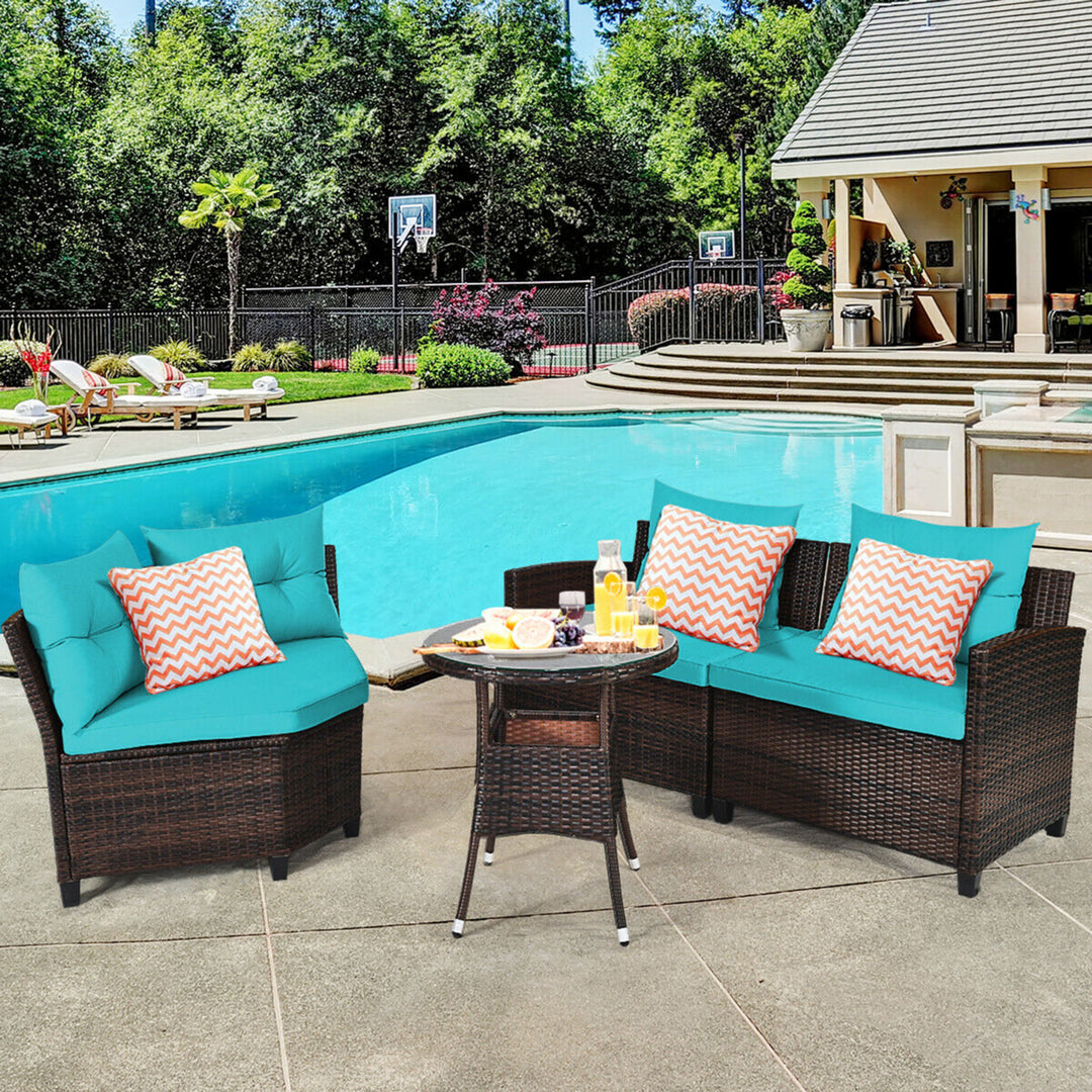 4PCS Patio Furniture Set Outdoor Rattan Sectional Sofa Set w/ Turquoise Cushions Image 3