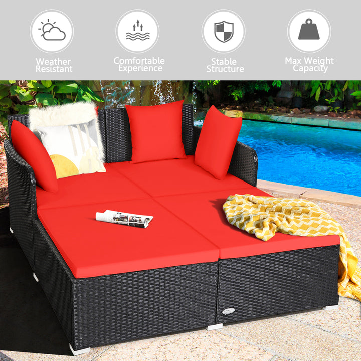 Rattan Patio Daybed Loveseat Sofa Yard Outdoor w/ Red Cushions Pillows Image 4