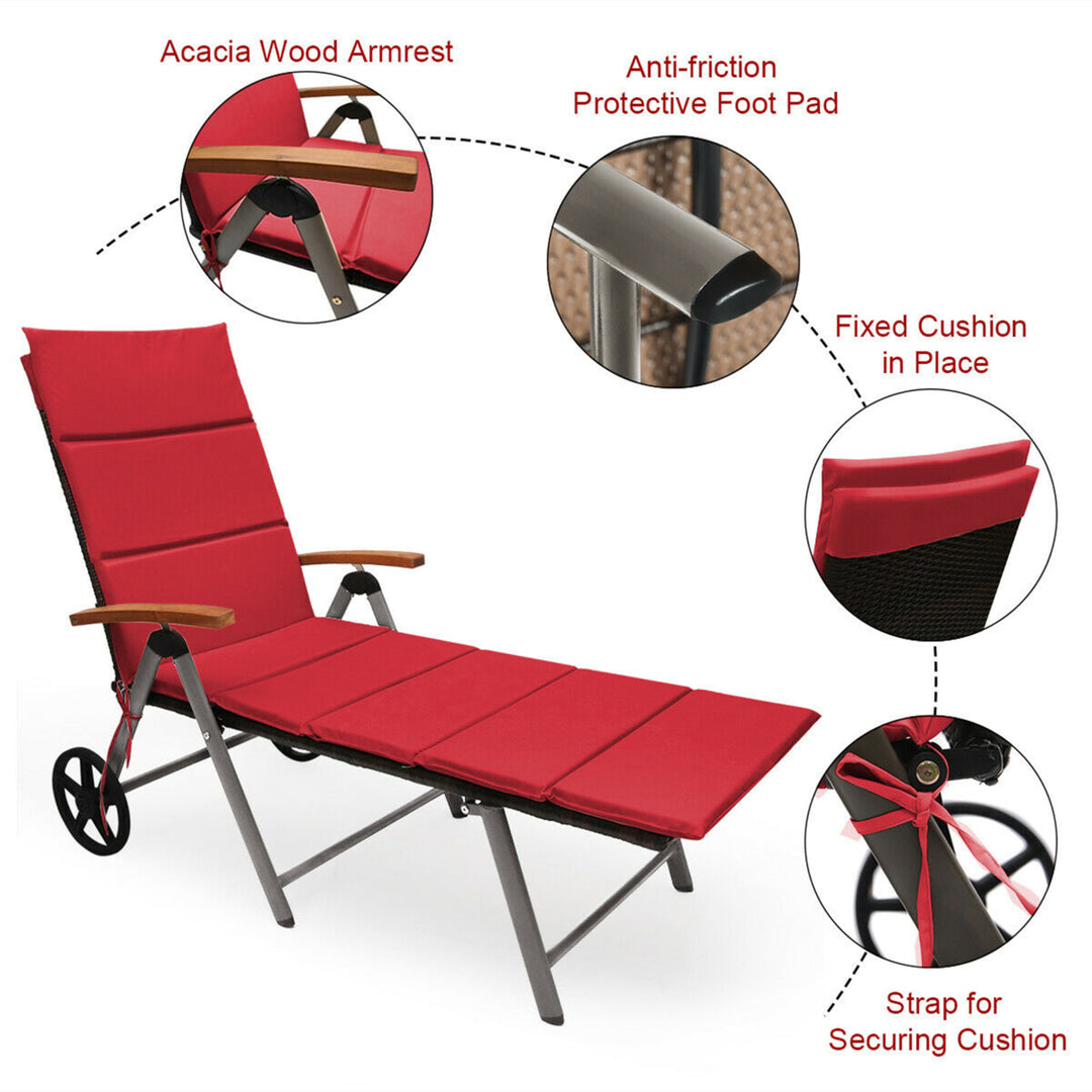 Folding Patio Rattan Lounge Chair Cushioned Aluminum Adjust Wheel Red Image 9