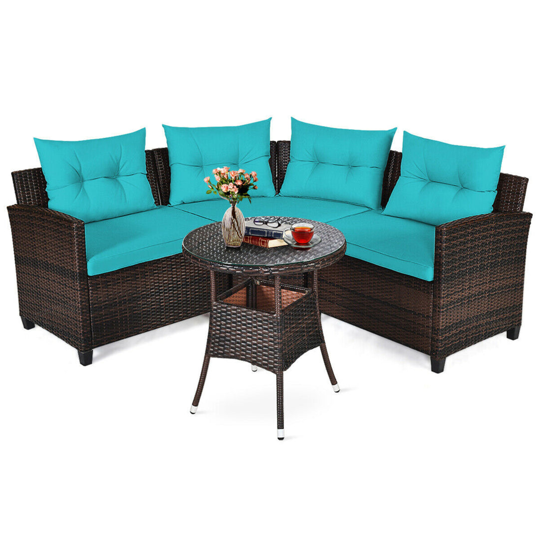 4PCS Patio Furniture Set Outdoor Rattan Sectional Sofa Set w/ Turquoise Cushions Image 4