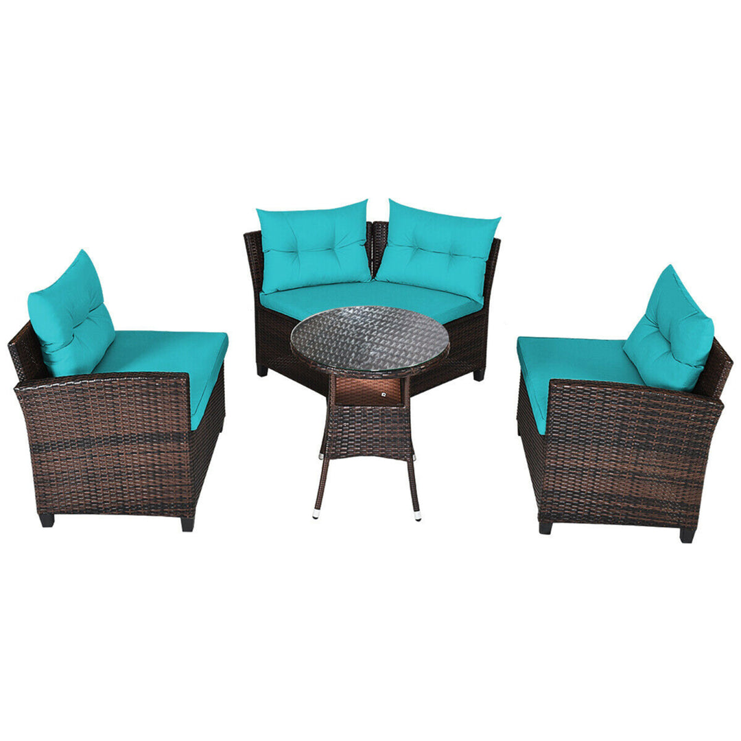 4PCS Patio Furniture Set Outdoor Rattan Sectional Sofa Set w/ Turquoise Cushions Image 2