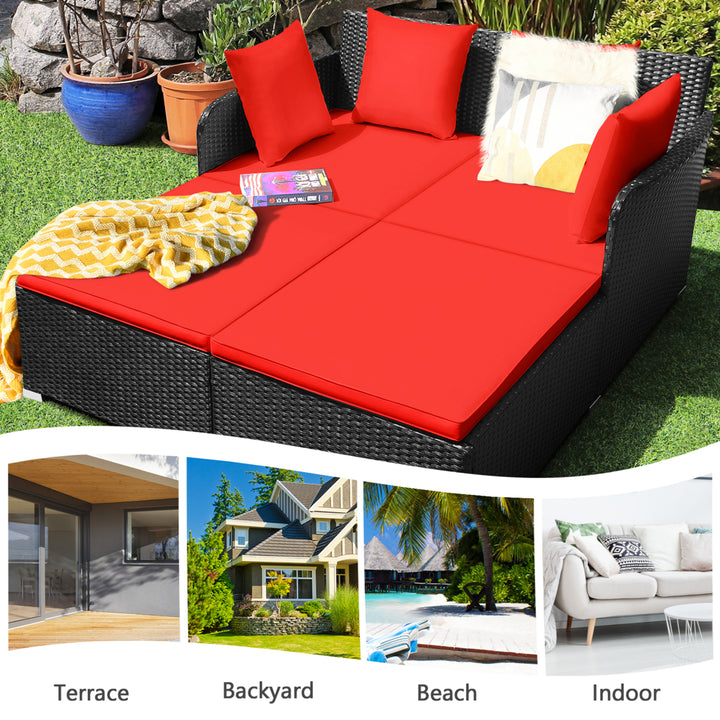 Rattan Patio Daybed Loveseat Sofa Yard Outdoor w/ Red Cushions Pillows Image 5