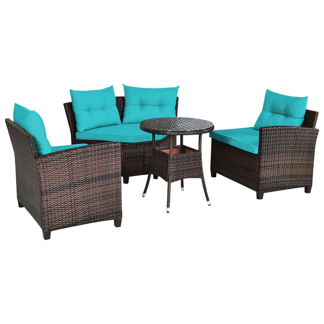 4PCS Patio Furniture Set Outdoor Rattan Sectional Sofa Set w/ Turquoise Cushions Image 6