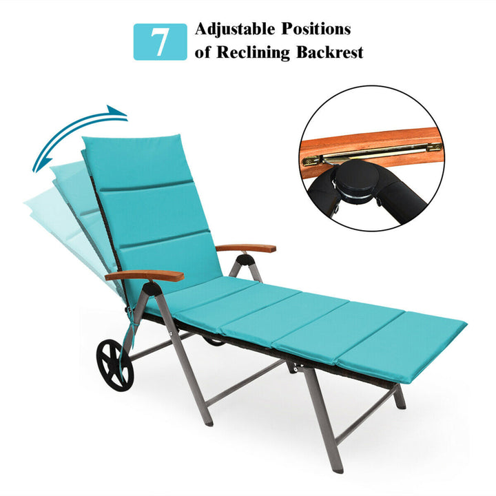 2PCS Folding Patio Rattan Lounge Chair Cushioned Aluminum Adjust Wheel Turquoise Image 8