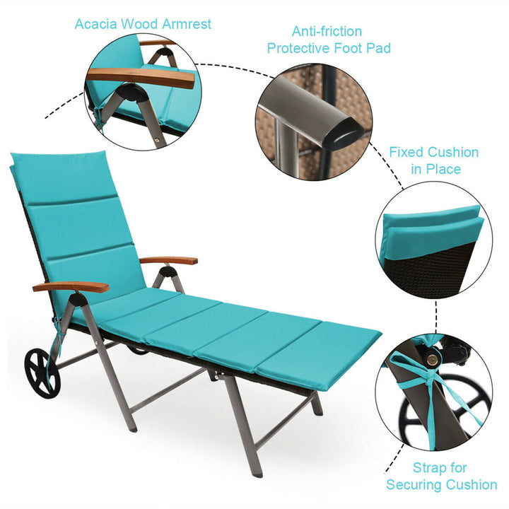 2PCS Folding Patio Rattan Lounge Chair Cushioned Aluminum Adjust Wheel Turquoise Image 9