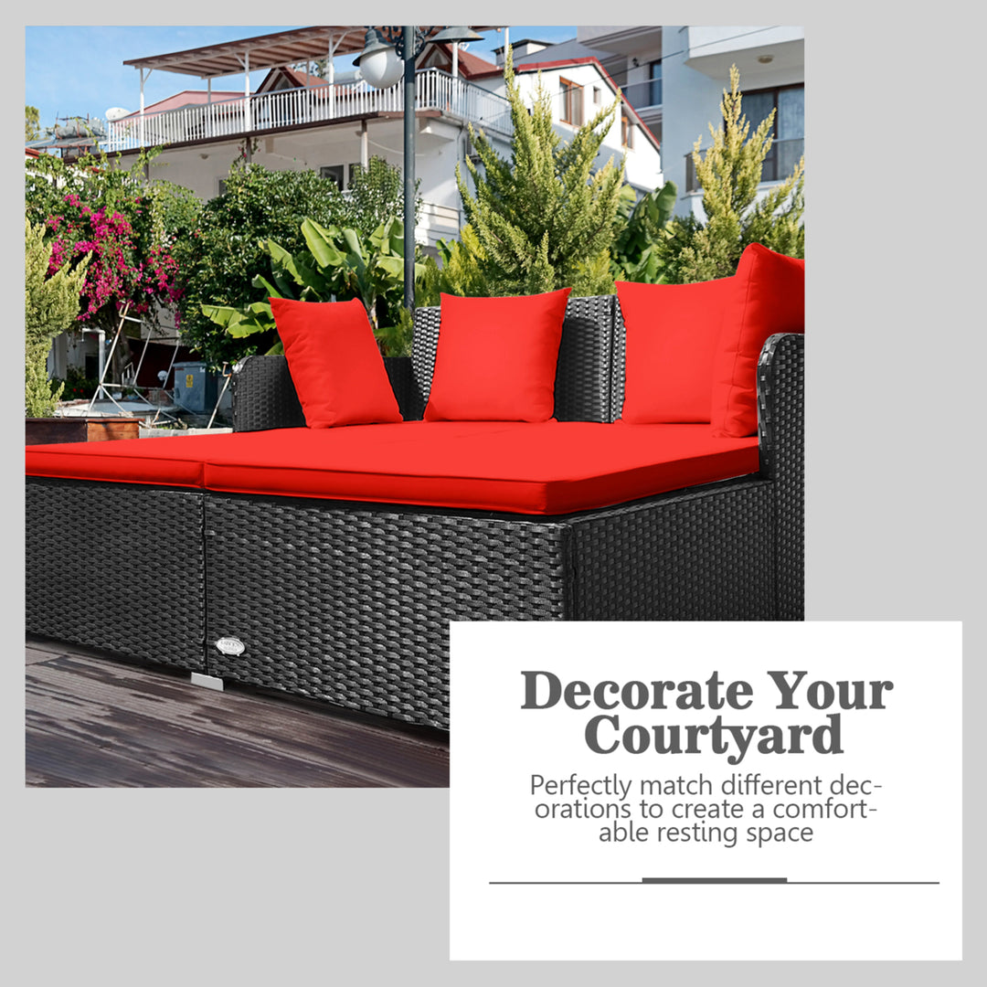 Rattan Patio Daybed Loveseat Sofa Yard Outdoor w/ Red Cushions Pillows Image 6