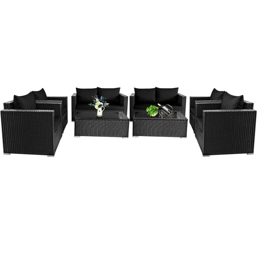 8PCS Rattan Patio Conversation Set Outdoor Furniture Set w/ Black Cushions Image 1