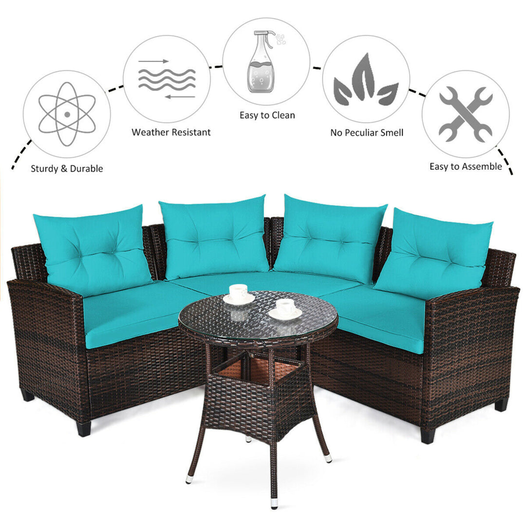 4PCS Patio Furniture Set Outdoor Rattan Sectional Sofa Set w/ Turquoise Cushions Image 7