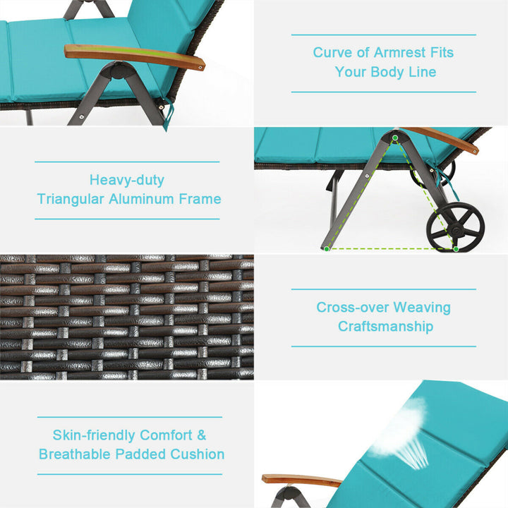 2PCS Folding Patio Rattan Lounge Chair Cushioned Aluminum Adjust Wheel Turquoise Image 10