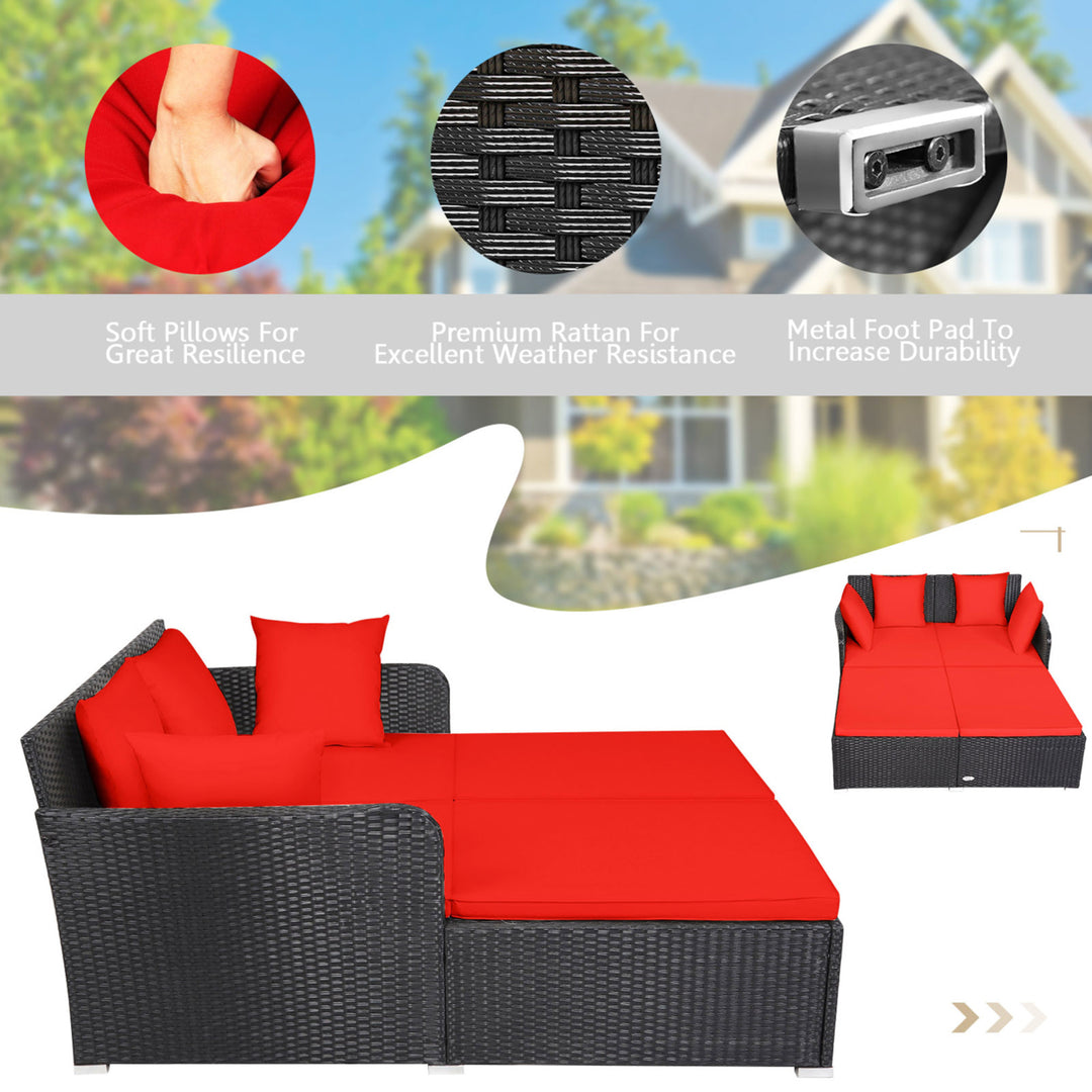 Rattan Patio Daybed Loveseat Sofa Yard Outdoor w/ Red Cushions Pillows Image 7