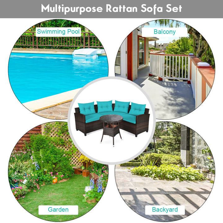 4PCS Patio Furniture Set Outdoor Rattan Sectional Sofa Set w/ Turquoise Cushions Image 8