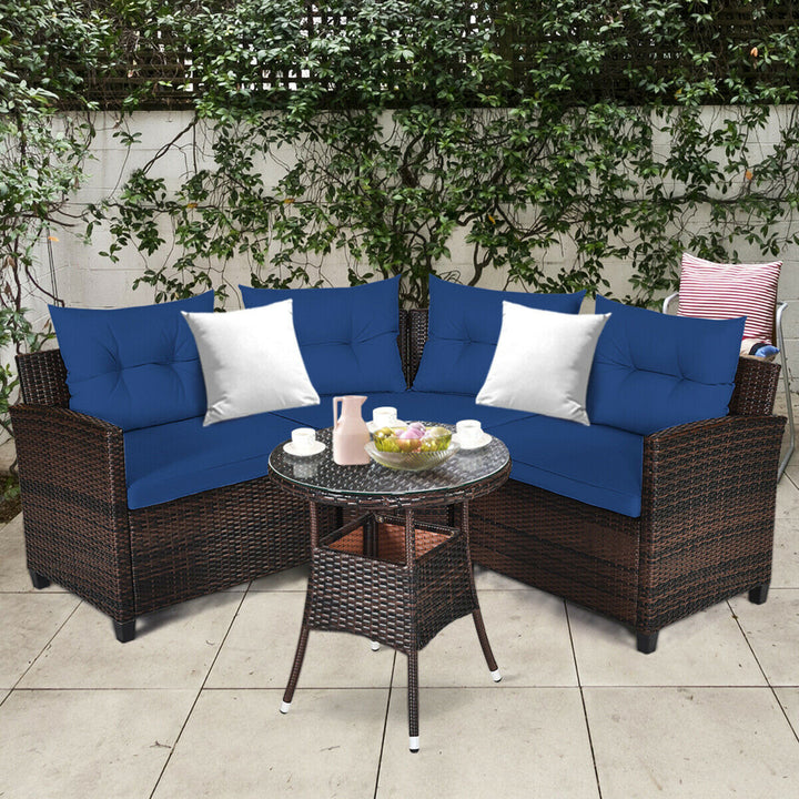 4PCS Patio Furniture Set Outdoor Rattan Sectional Sofa Set w/ Navy Cushions Image 1