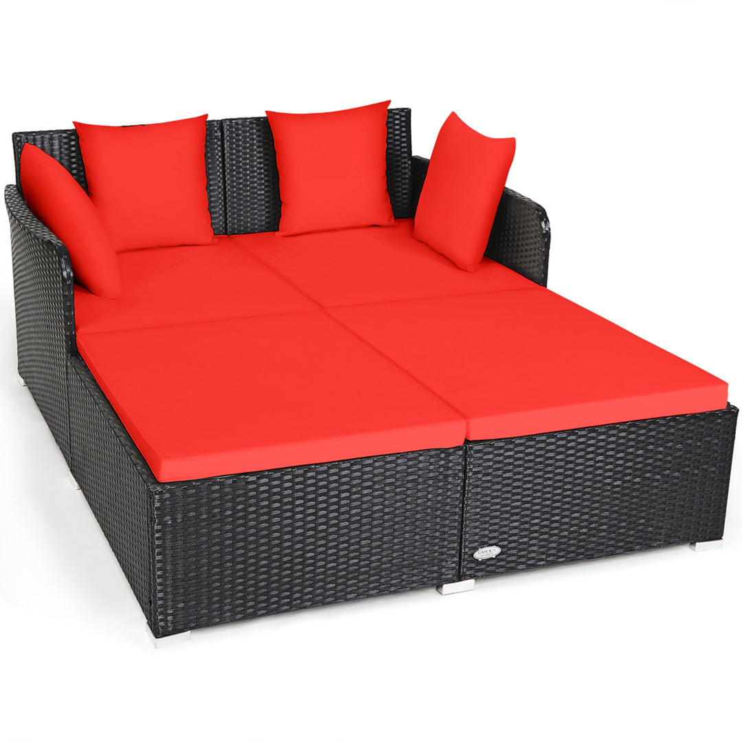 Rattan Patio Daybed Loveseat Sofa Yard Outdoor w/ Red Cushions Pillows Image 9